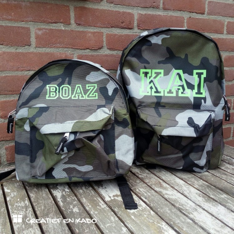 rugtas kind en rugtas junior met naam camouflage