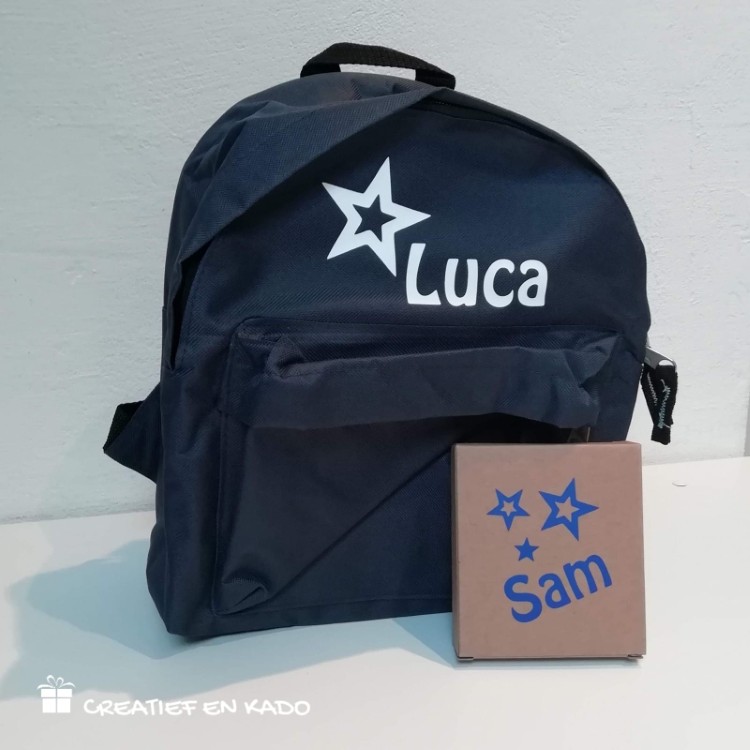stoepkrijt met naam, rugtas met naam Luca