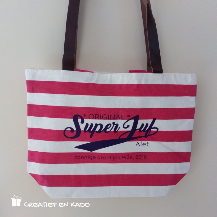 strandtas roze gestreept, tas superjuf