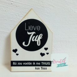 houten wenskaart huisje juf