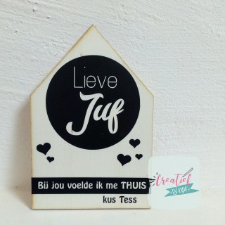 houten wenskaart huisje juf