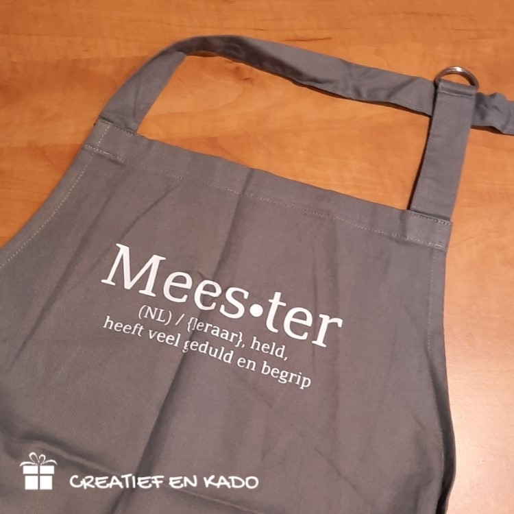 keukenschort meester, keukenschort bedrukt, kado meester, keukenschort grijs