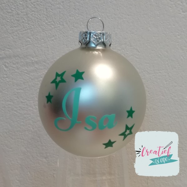 kerstbal zilver met naam en kleine sterretjes