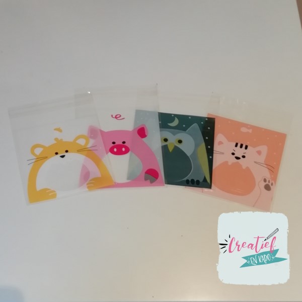 dieren traktatie zakjes, traktatie zakje uil, traktatie zakjes poes, traktatie zakjes varken, traktatie zakje muis