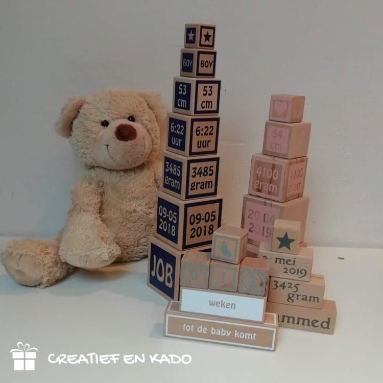 houten blokken geboorte toren XL, houten kraamcadeau, kraamcadeau met naam