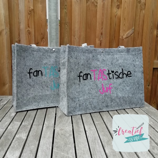 vilten shopper fantastische juf, cadeau juf, tas juf, vilten tas grijs