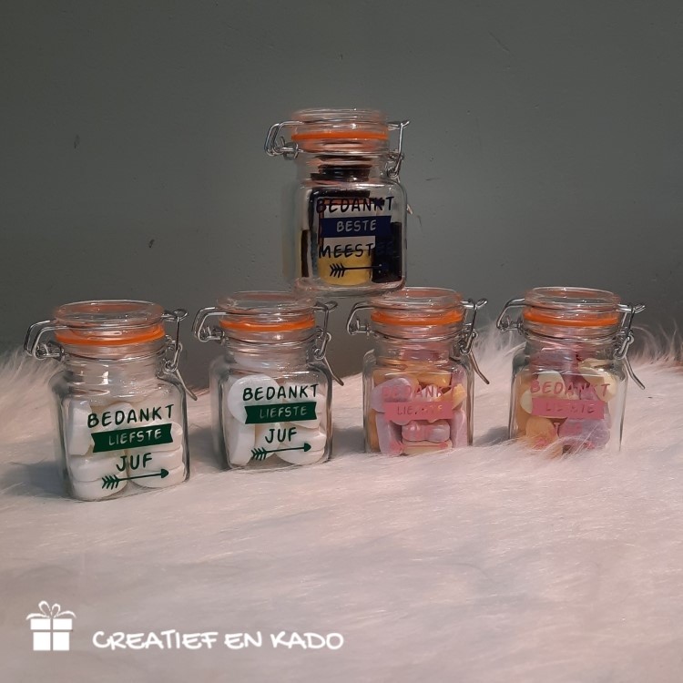 mini weckpotje juf, mini weckpotje meester gevuld