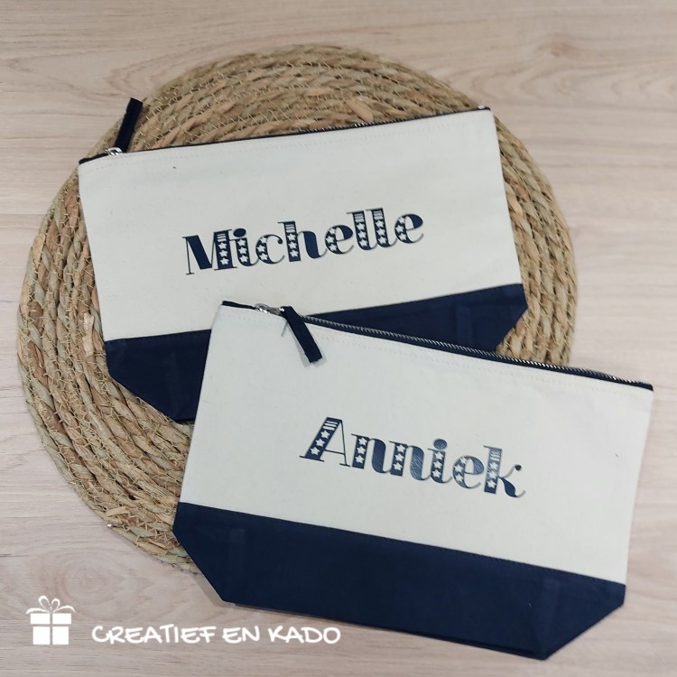 canvas toilettas met naam, toilettas bedrukt, toilettas navy blauw