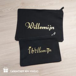 canvas etui met naam, canvas toilettas met naam, etui bedrukt, etui zwart