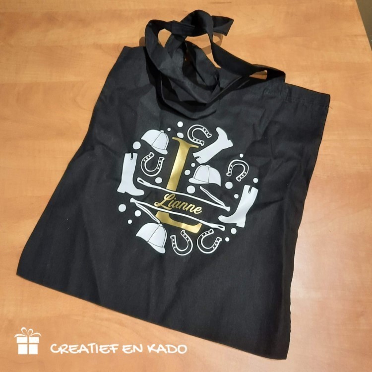 katoenen tas splitletter, katoenen tas met naam, katoenen tas zwart