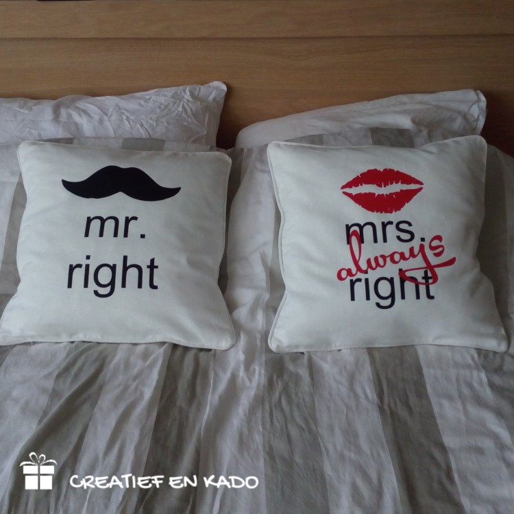kussenhoes mrs always right, kussenhoes mr right, kussenhoes eigen tekst