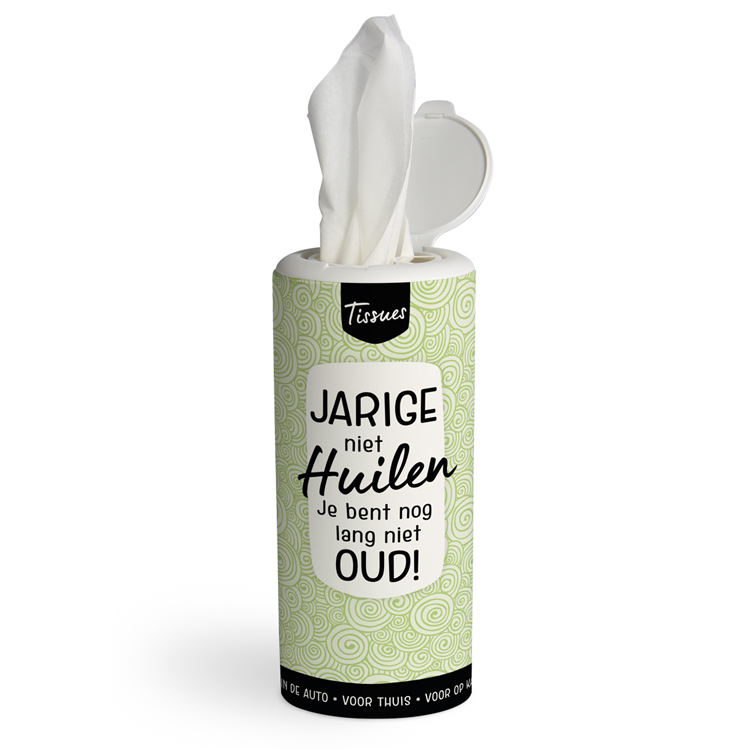 tissue dispenser jarige, jarige niet huilen je bent nog lang niet oud, kado verjaardag