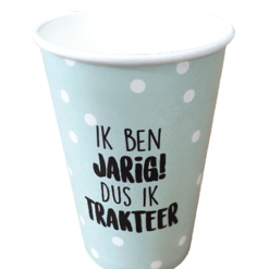 kartonnen beker ik ben jarig dus ik trakteer, traktatie beker, beker traktatie, verjaardag beker