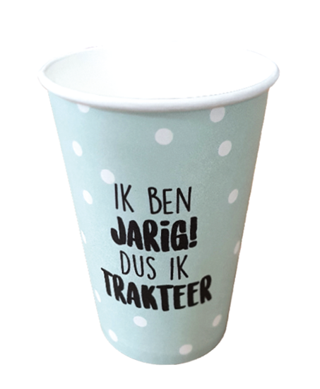 kartonnen beker ik ben jarig dus ik trakteer, traktatie beker, beker traktatie, verjaardag beker
