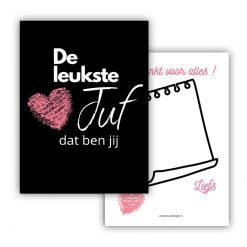 mini kaart de leukste juf zwart hart roze