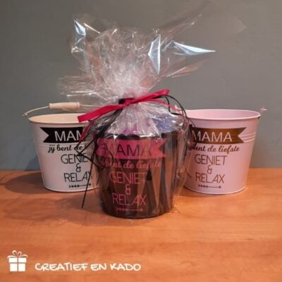zinken emmer mama jij bent de liefste, geniet en relax kadoset mama, kado Moederdag, moederdag kadotips