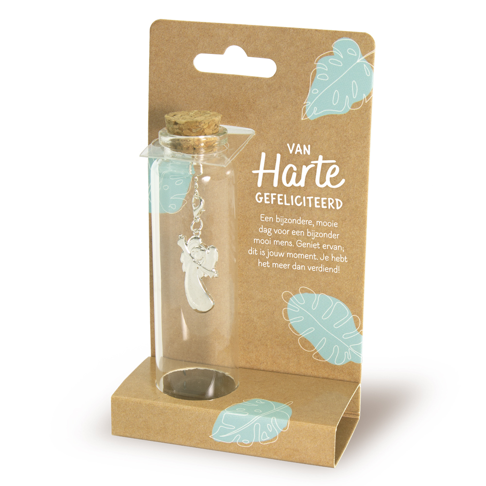 sieraad in een flesje van harte gefeliciteerd, cadeau felicitatie, cadeau verjaardag