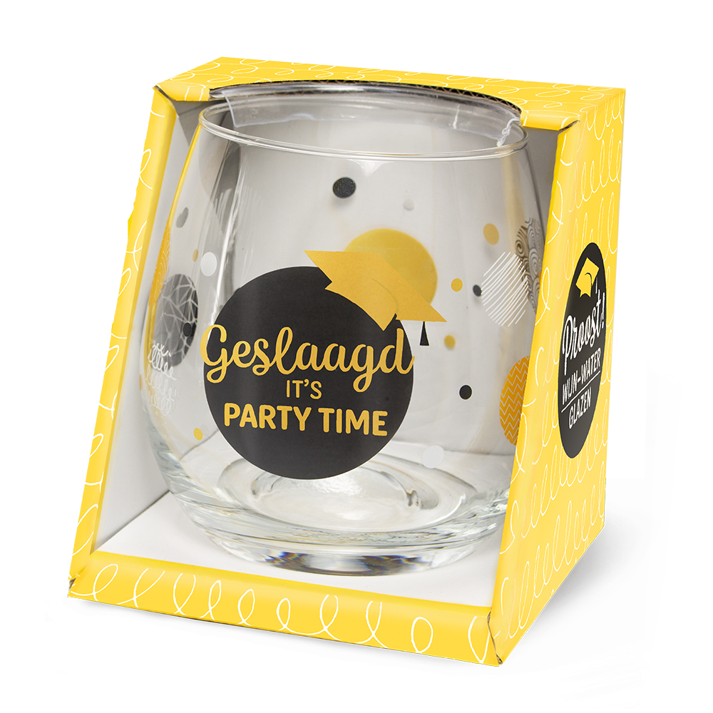 water- wijn glas geslaagd party time, geslaagd it's party time, waterglas geslaagd, wijnglas geslaagd, examen cadeau