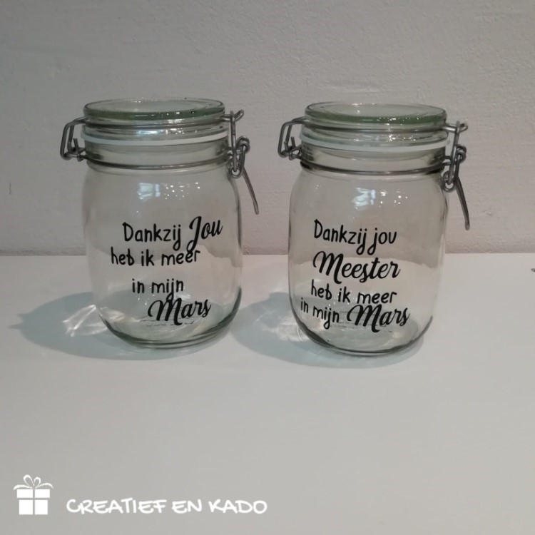 weckpot mars, dankzij jou heb ik meer in mijn mars, snoeppot, kado leerkracht