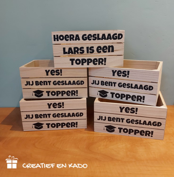 houten kratje geslaagd, examen kado