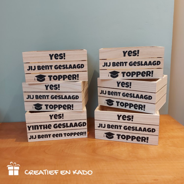 houten kratje geslaagd, examen kado