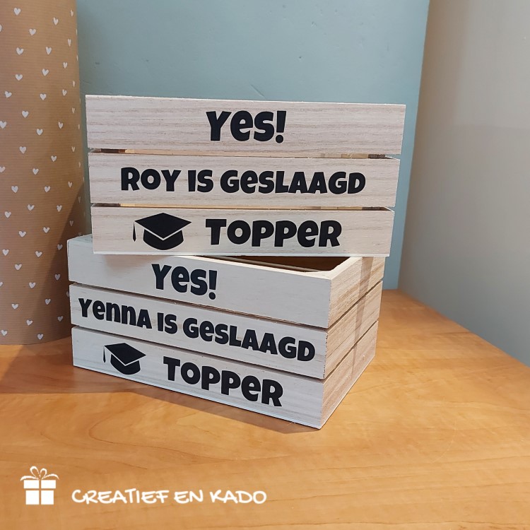 houten kratje geslaagd, examen kado