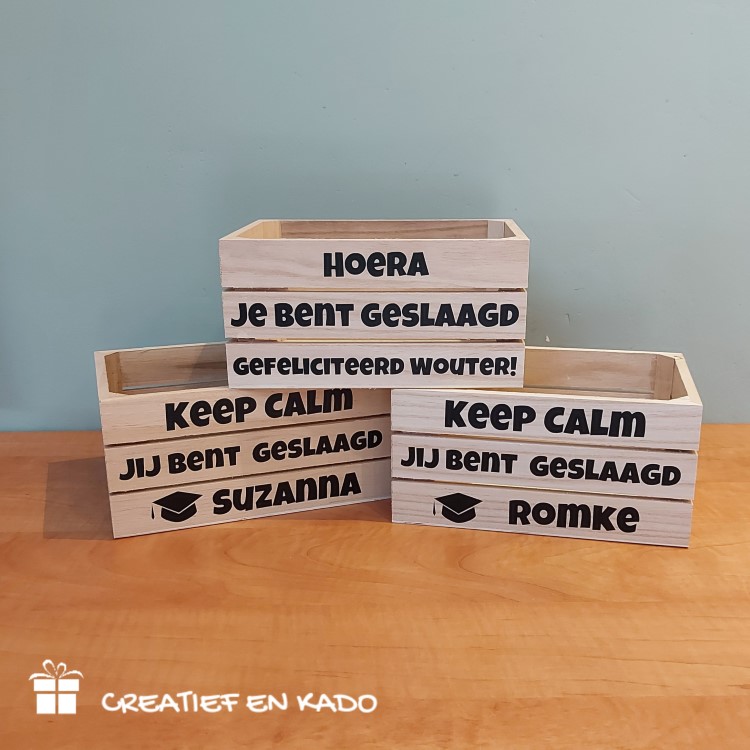 houten kratje geslaagd, examen kado