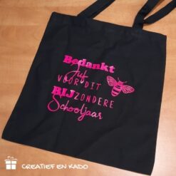 katoenen tas bijzonder schooljaar juf, cadeau juf, katoenen tas juf, cadeau einde schooljaar, katoenen tas zwart
