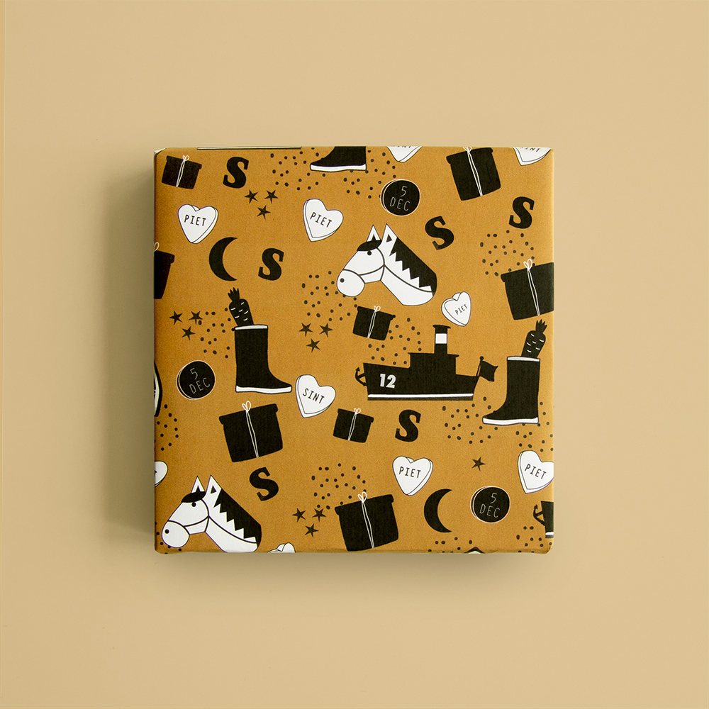 inpakpapier sint illustratie geel, inpakpapier sinterklaas, cadeau papier sinterklaas