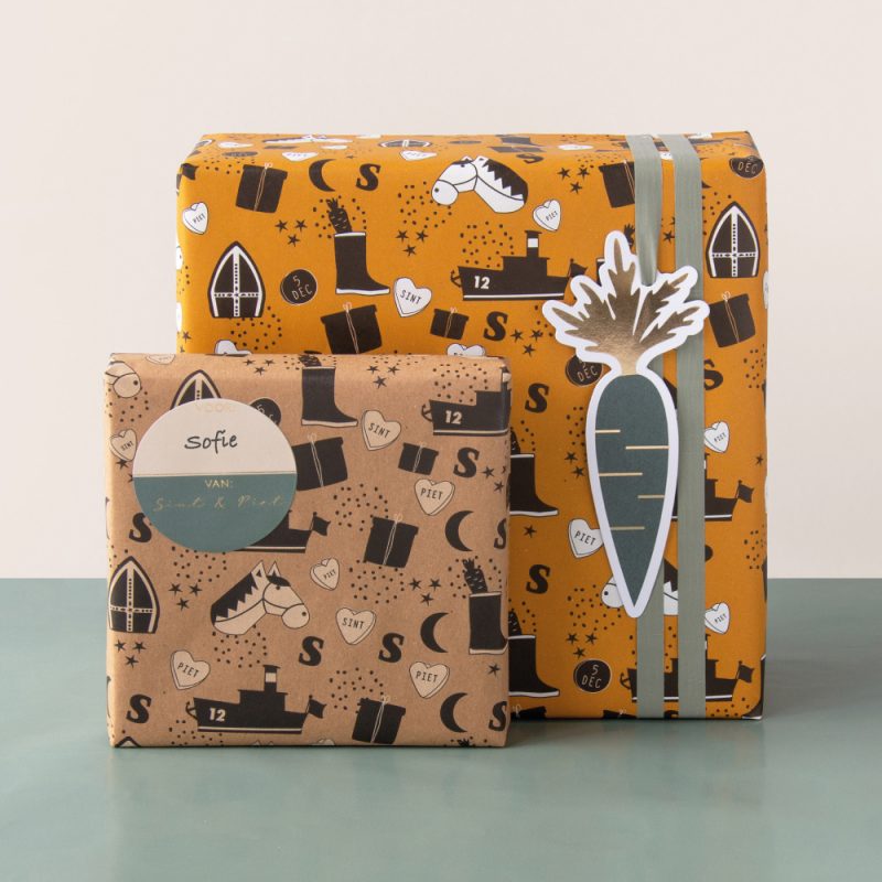 Inpakpapier Sinterklaas, inpakpapier sint illustratie geel, inpakpapier sint illustratie kraft