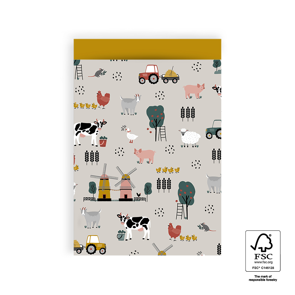 cadeau zakje farm retro yellow, papieren cadeau zakje, inpakzakje, cadeau inpakken