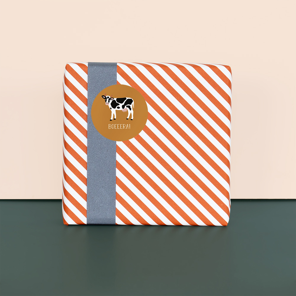 inpakpapier stiped diagonal red, sluitsticker farm retro