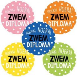 Sluitsticker hoera zwemdiploma, kado sticker zwemdiploma, diploma A, diploma B