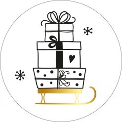 kadosticker kadootjes slee, sluitsticker kadootjes slee goud, kadosticker kerstmis