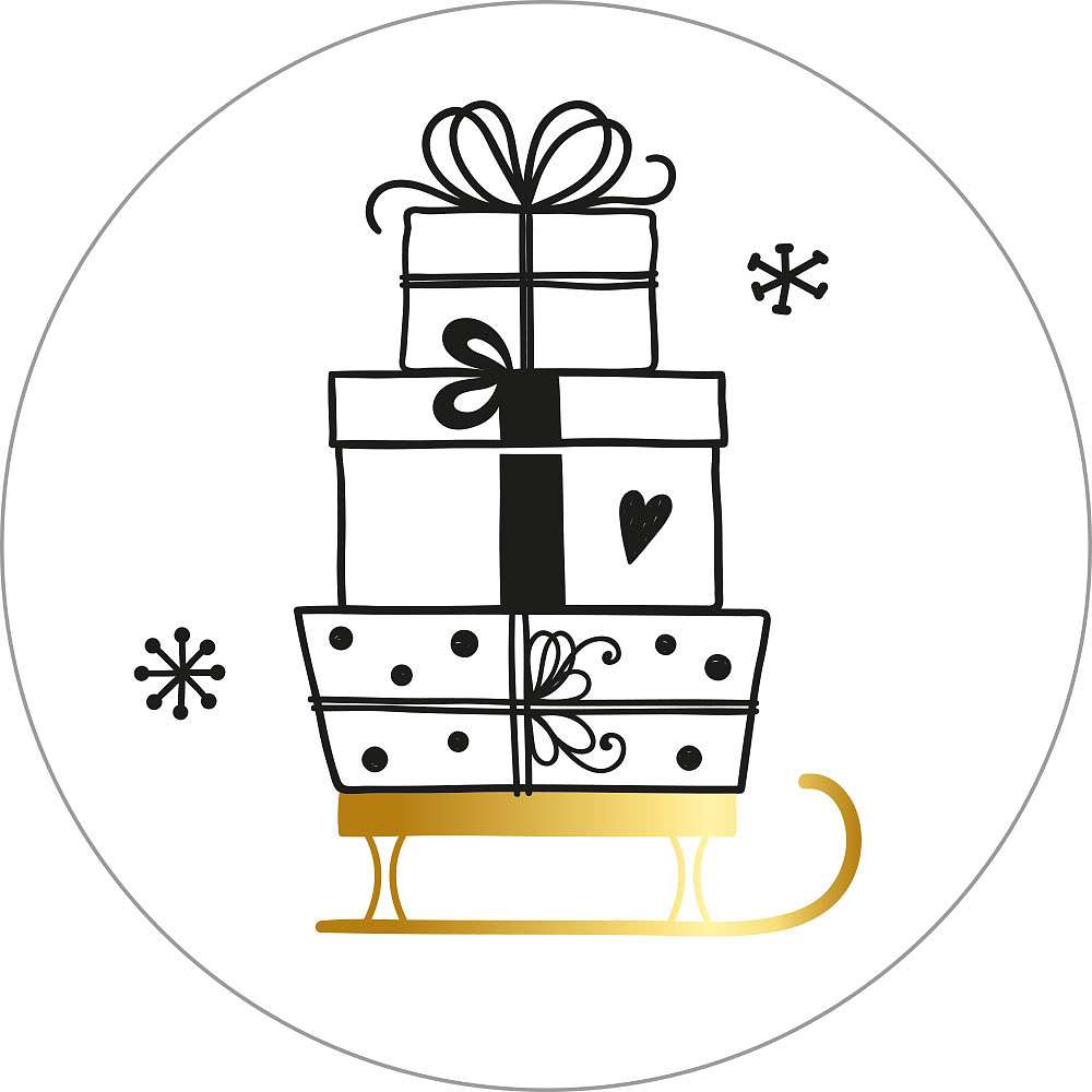 kadosticker kadootjes slee, sluitsticker kadootjes slee goud, kadosticker kerstmis