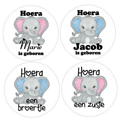 sluitstickers hoera een broertje/zusje, zusje geboren, broertje geboren, kadostickers geboorte, baby olifantje