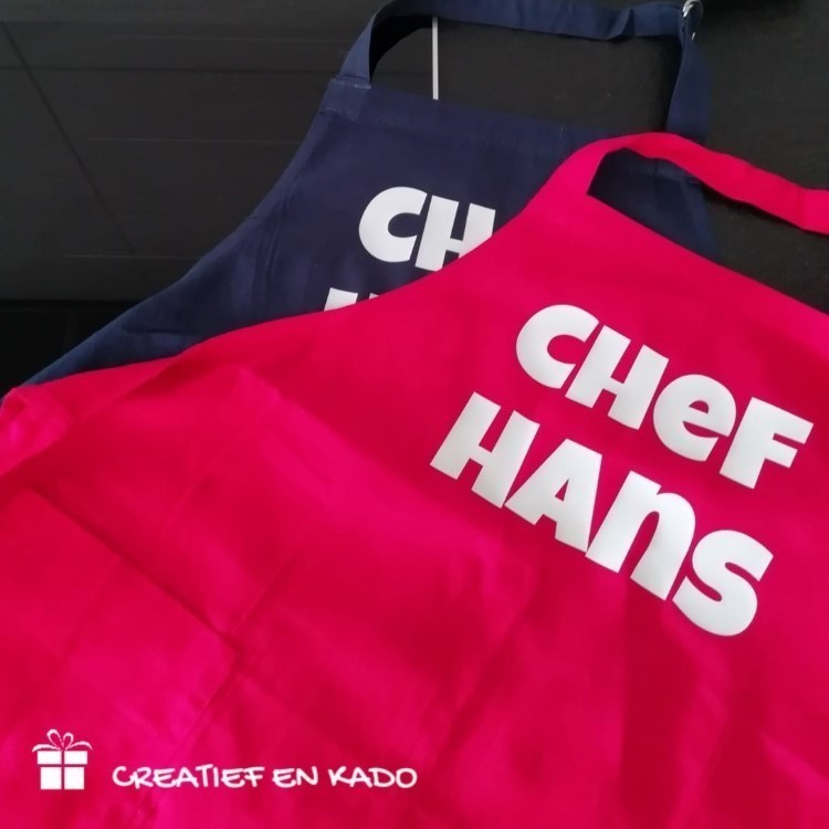 keukenschort chef henk, keukenschort blauw, keukenschort met naam,