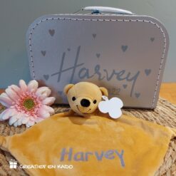 kinderkoffertje met naam en afbeelding, kraamkado met naam, koffertje zilver Harvey
