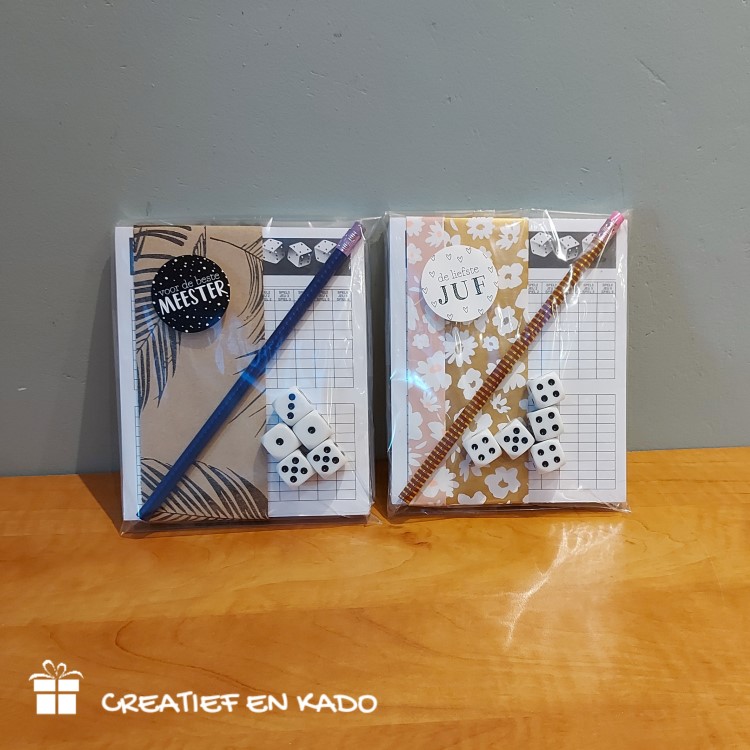 yahtzee meester, yahtzee juf, kadosetje juf, kadosetje meester, kado einde schooljaar,