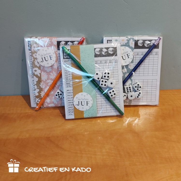 yahtzee meester, yahtzee juf, kadosetje juf, kadosetje meester, kado einde schooljaar,