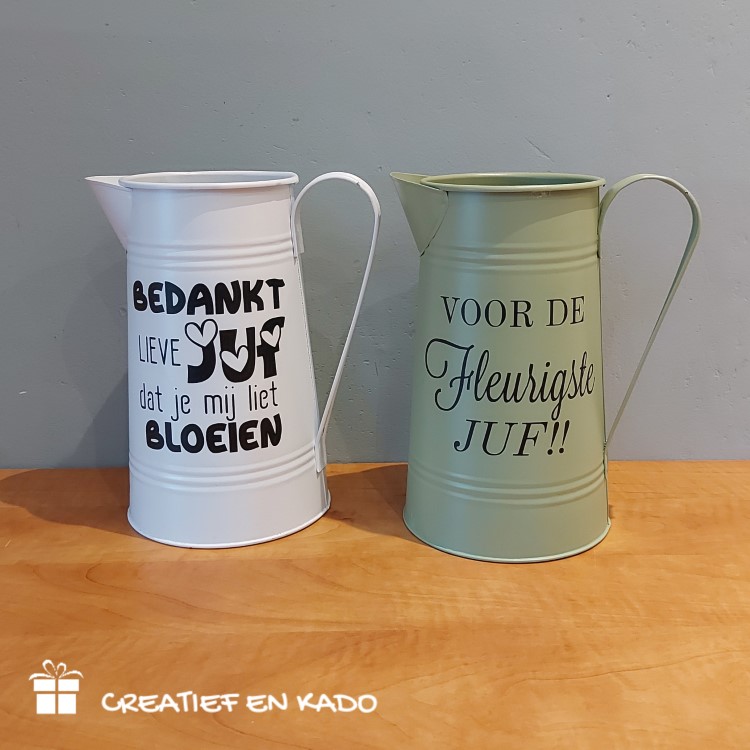 zinken vaas juf, juf bedankt dat je mij hielp bloeien, kado fleurigste juf, kado einde schooljaar.