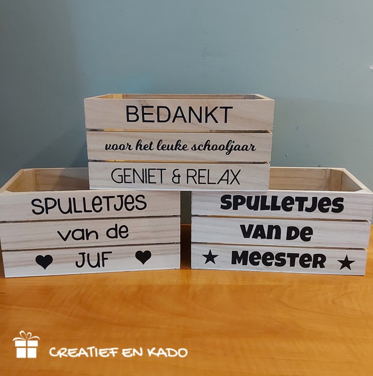 houten kratje juf, houten kratje meester, kado juf, kado meester