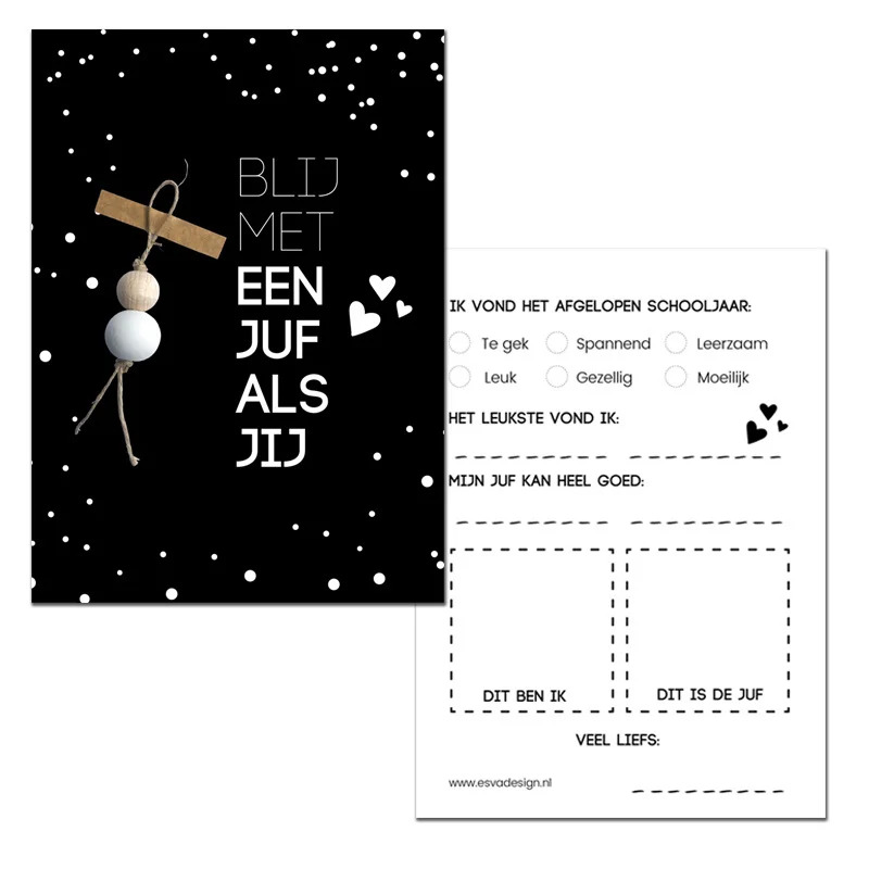 kaart gelukspoppetje juf zwart
