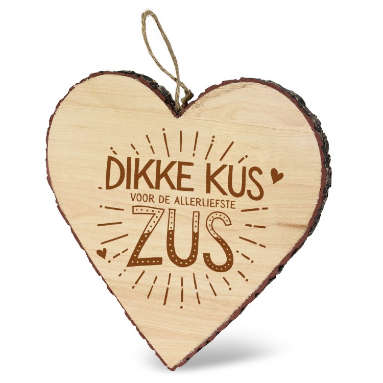 dikke kus zus hart, mijn hart, houten hart hanger, kado zus, dikke kus voor de allerliefste zus