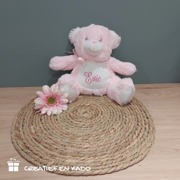 knuffel met naam, knuffel beer roze, kraamkado meisje, Evie