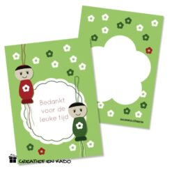 gelukskaartje bedankt voor de leuke tijd, bedankt, gelukspoppetjes, inpakken, mini kaartje