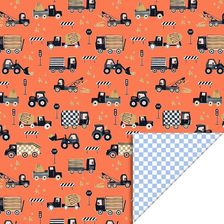 inpakpapier traffic fluor orange, kadopapier traffic, kadopapier ruitjes, inpakken, kadopapier machines, kadopapier jongens