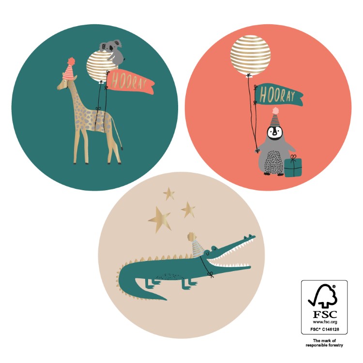 kadostickers party animals, sluitstickers feestvierende dieren, inpakken