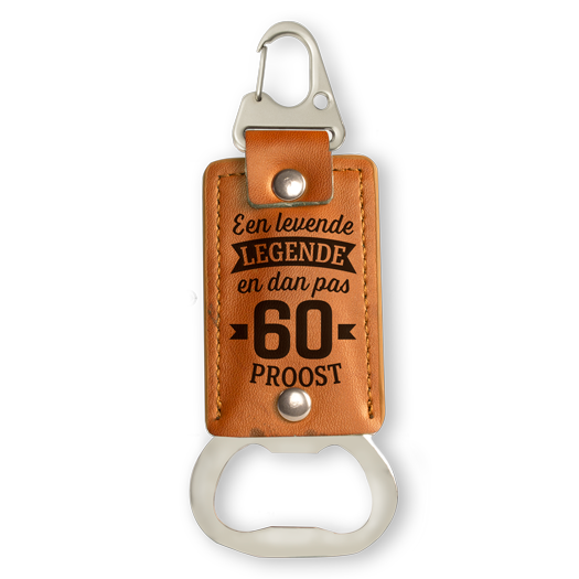 leren sleutelhanger 60, leren flesopener 60, kado man, abraham