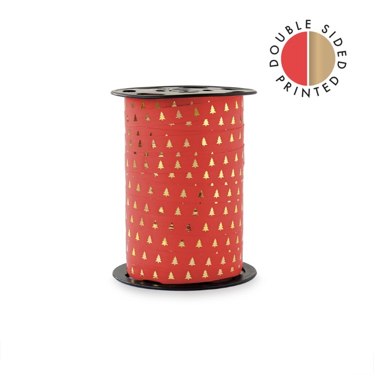 cadeaulint x-mas tree deep red - gold, krullint, kadolint dubbelzijdig, inpakken kerstmis, inpakmaterialen